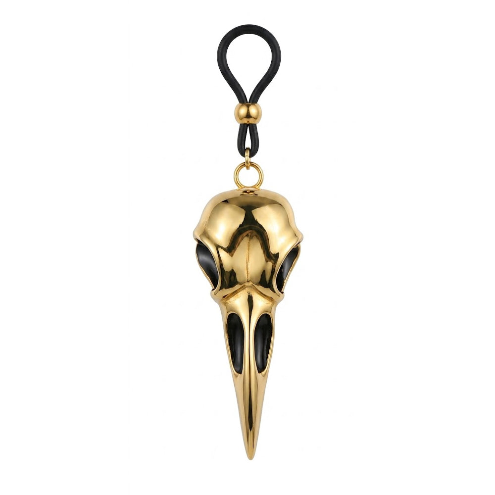 A single non-piercing gold bird skull nipple clamp jewelry with an adjustable black rubber loop and mirror-polished gothic raven skull pendant.