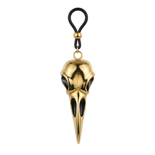 A single non-piercing gold bird skull nipple clamp jewelry with an adjustable black rubber loop and mirror-polished gothic raven skull pendant.