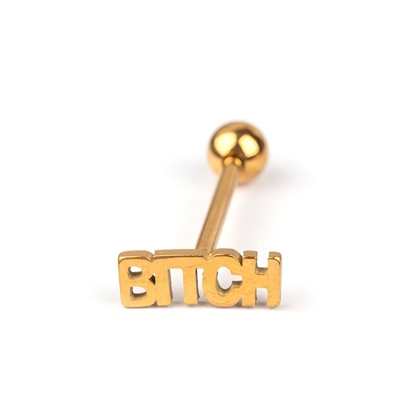 Single gold BITCH letter tongue piercing barbell isolated on white background.