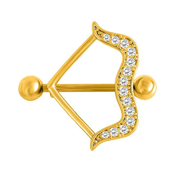 Luxurious gold bow-shaped nipple shield body jewelry featuring a curved row of brilliant cz crystals, displayed centered on white background.