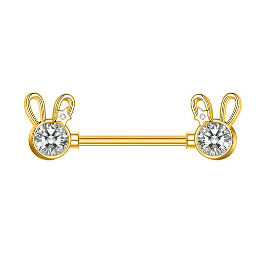 Close-up of a gold-toned nipple barbell with cute rabbit ear designs and sparkling round crystals.