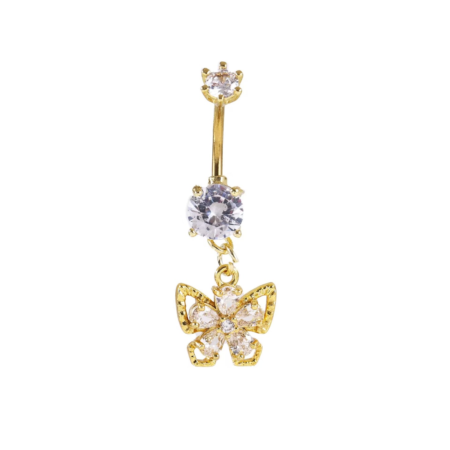 Front view of a gold butterfly dangling belly ring featuring a dual prong-set CZ curved barbell on a clean white background.