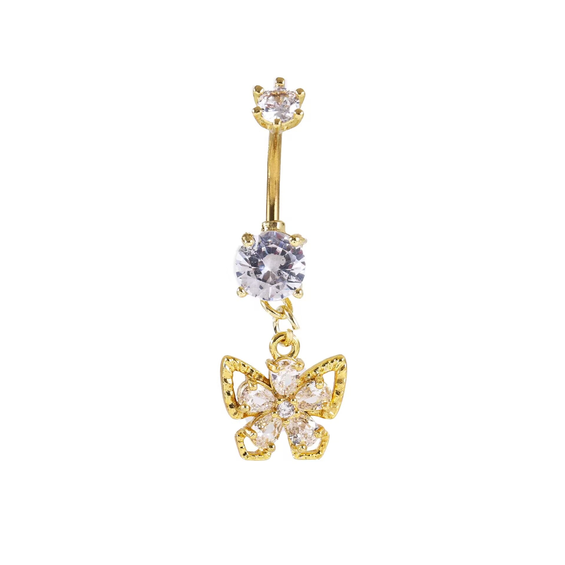 Front view of a gold butterfly dangling belly ring featuring a dual prong-set CZ curved barbell on a clean white background.