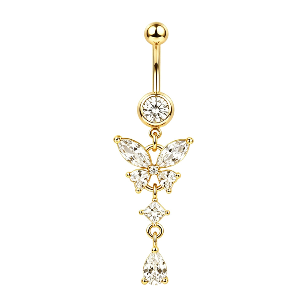 Gold pierced curved barbell navel piercing ring featuring a cubic zirconia butterfly dangle.
