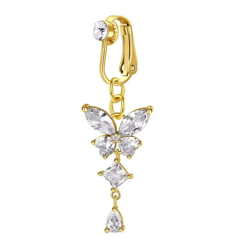 Gold clip-on butterfly fake belly button ring with brilliant teardrop crystal dangle.