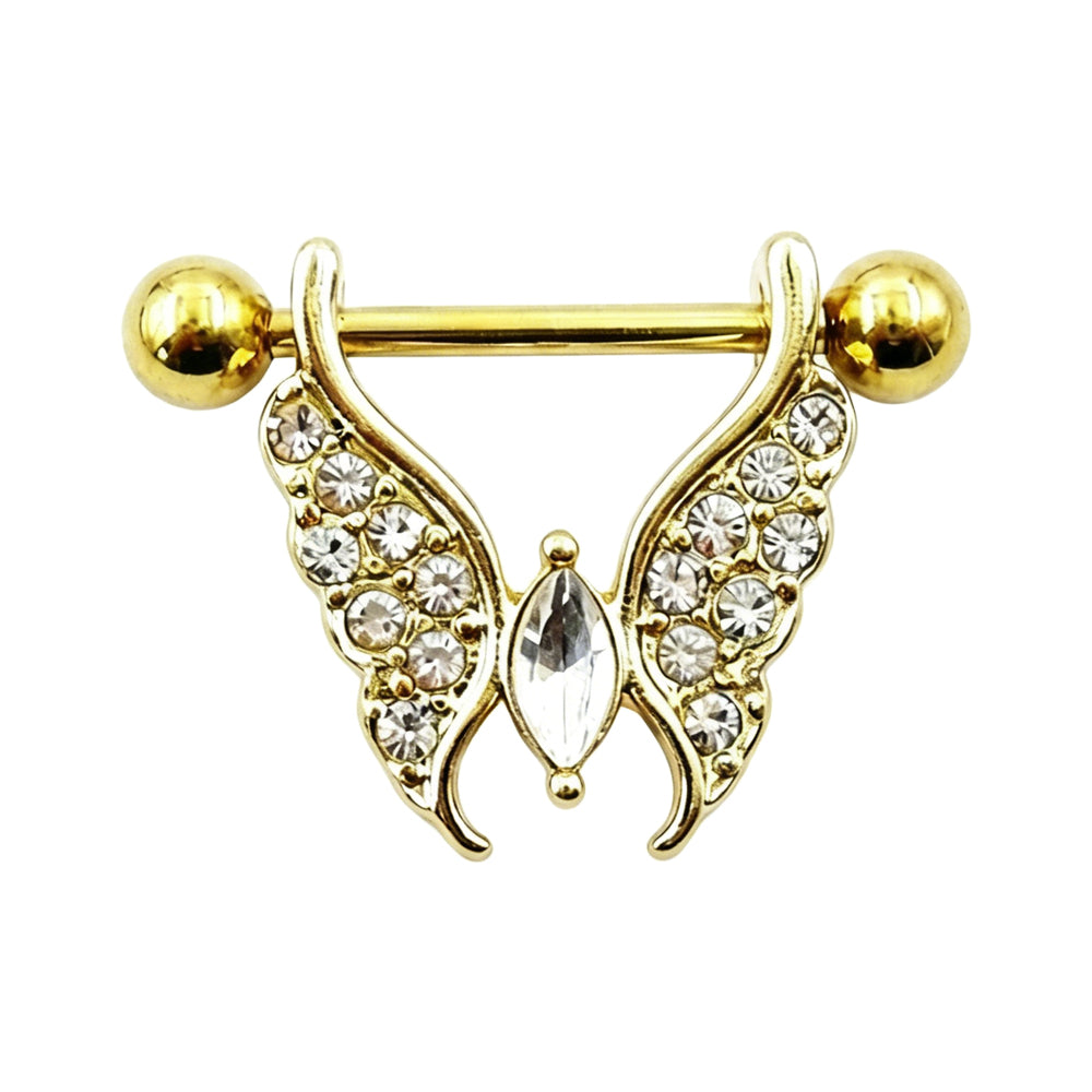 Gold tone vintage butterfly wing nipple shield barbell adorned with sparkling white crystals