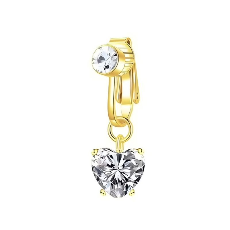 Warm gold tone clip-on fake belly ring with a brilliant clear heart CZ drop pendant.
