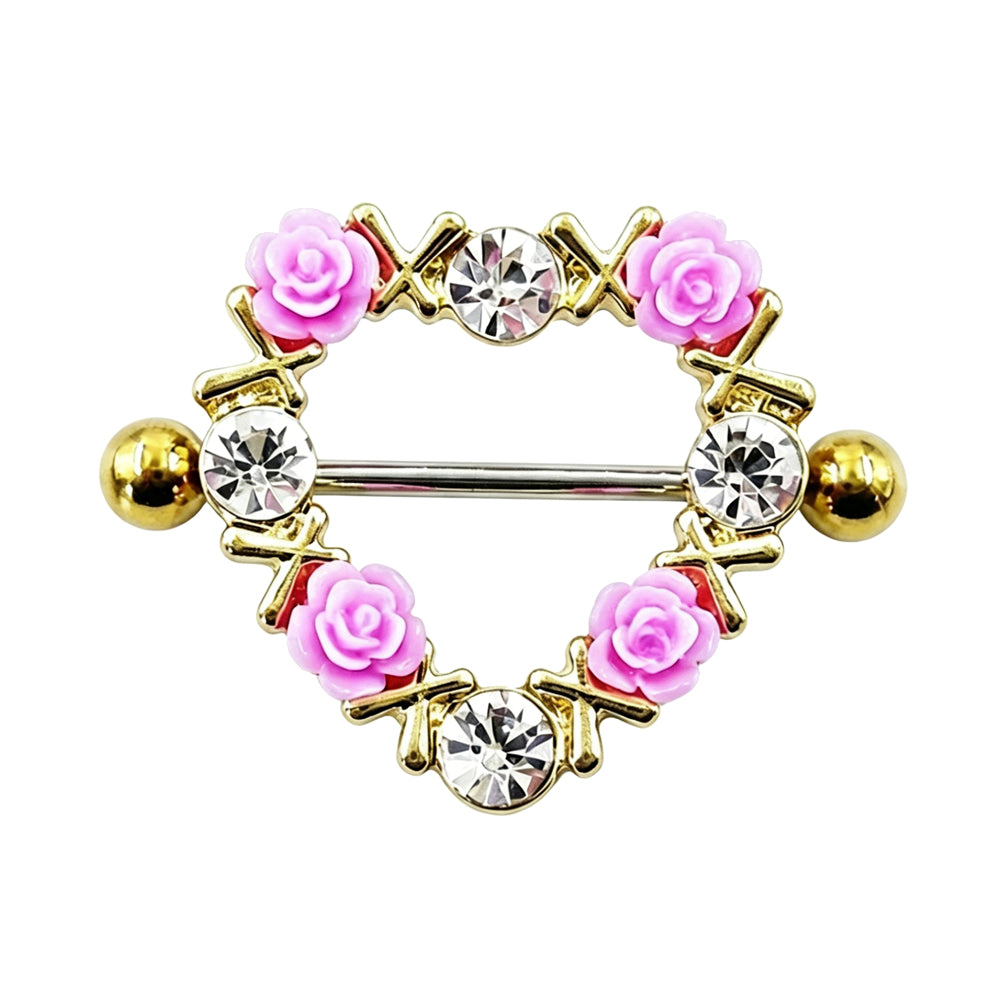 A premium gold plated heart nipple shield ring adorned with delicate pink roses and clear rhinestones, featuring a smooth metallic titanium barbell on white background.
