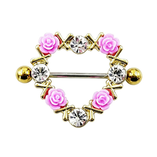A premium gold plated heart nipple shield ring adorned with delicate pink roses and clear rhinestones, featuring a smooth metallic titanium barbell on white background.