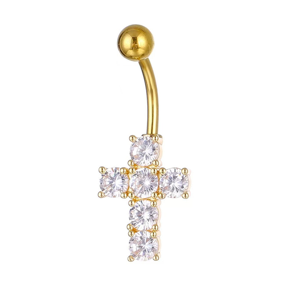 Gold paved cubic zirconia cross navel ring with 14 gauge curved barbell for women.