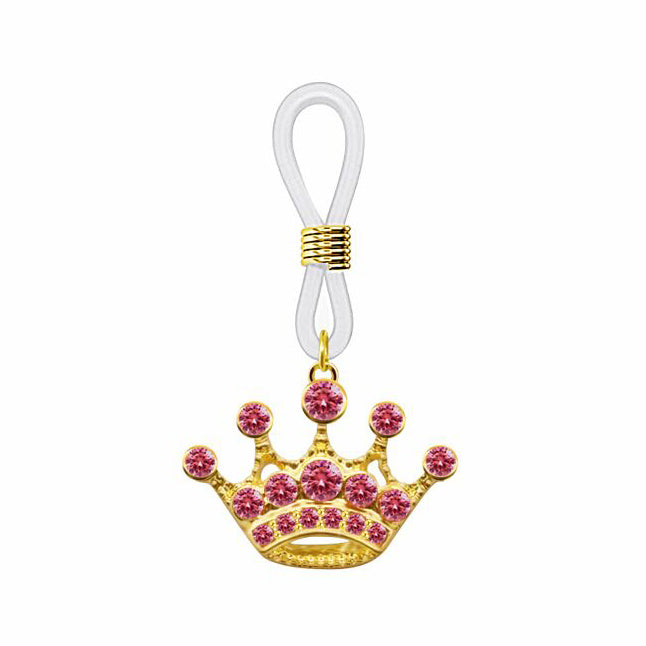 Gold-plated crown non-piercing nipple clamp with sparkling pink crystals and tension slider.