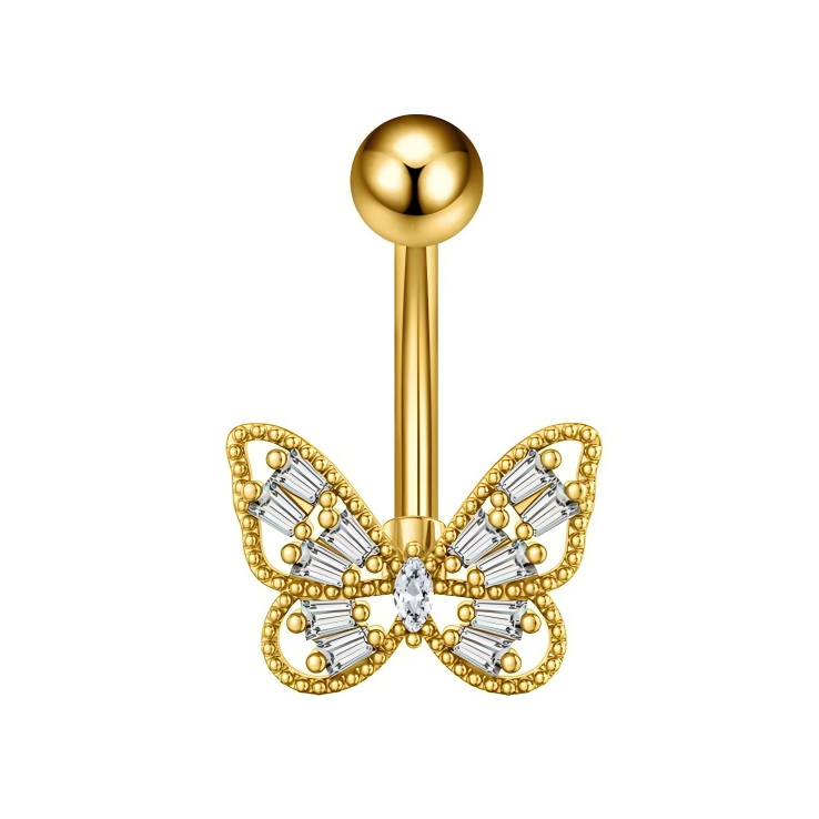 14K gold plated crystal butterfly navel piercing jewelry featuring detailed cz paving.