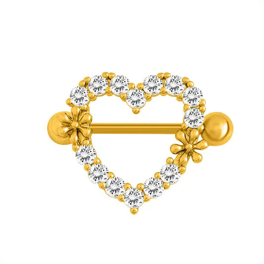 A luxurious gold heart silhouette nipple ring shield piercing featuring pave crystal cz stones and dainty metallic floral accents centered on a white background.