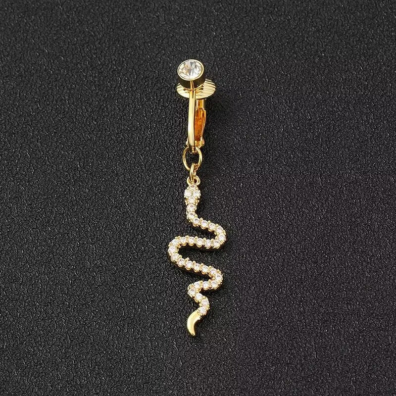 Non-pierced gold snake dangle fake belly button ring clip on navel jewelry with sparkling cz crystals