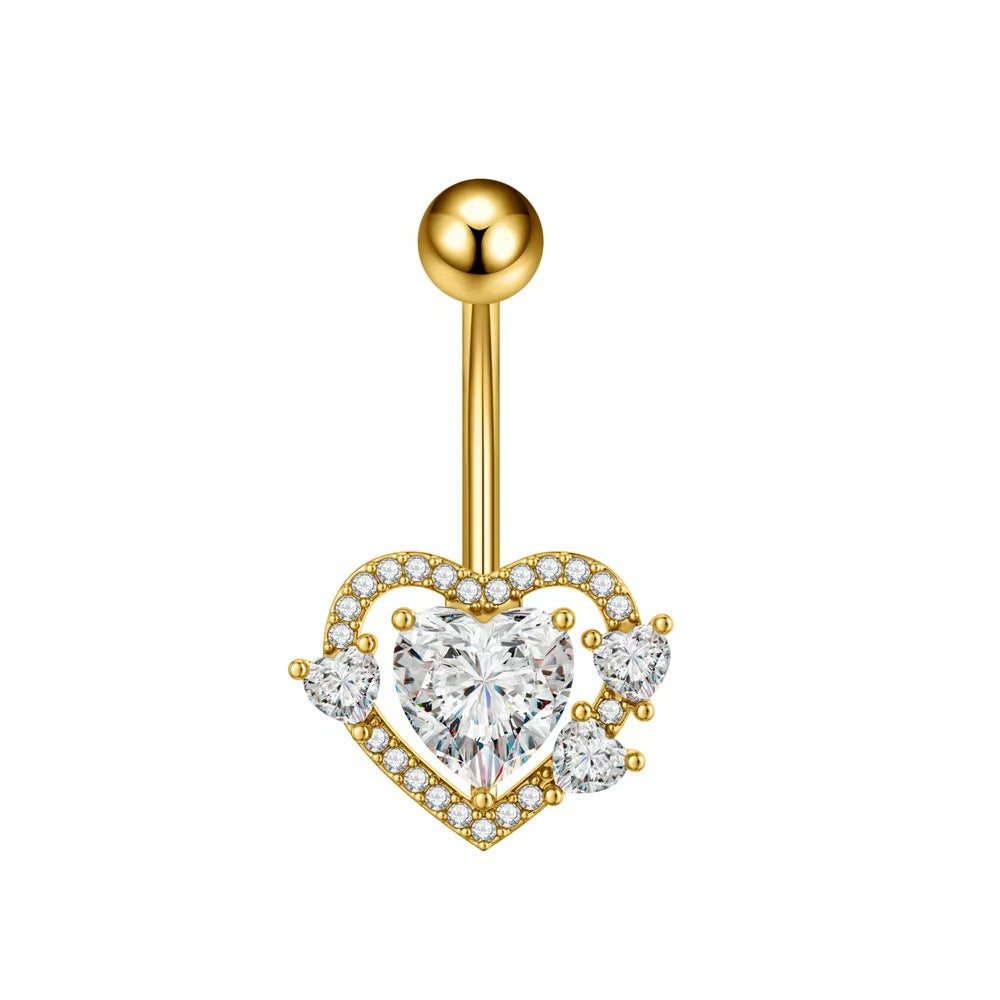 Luxurious gold double heart belly ring with shimmering accents.