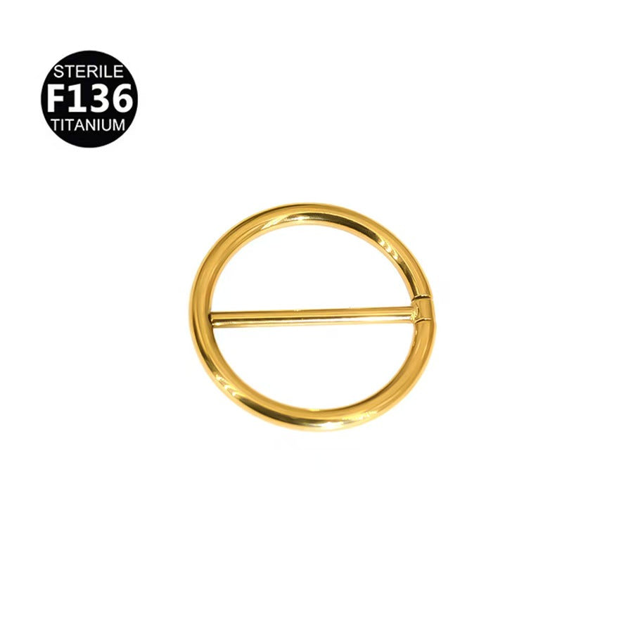 Gold anodized F136 titanium minimalist round hinged clicker nipple shield ring on a pure white background.