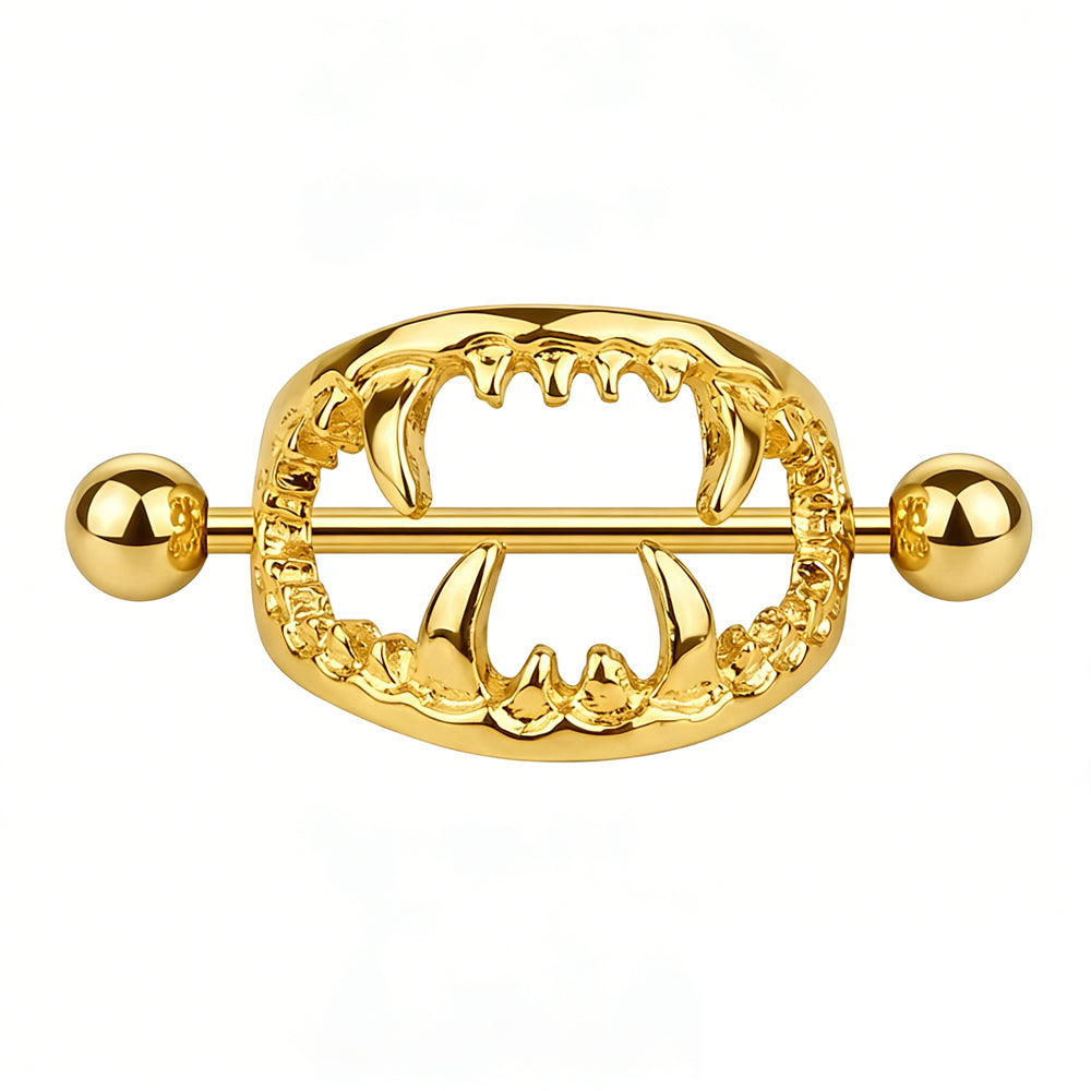Single gold-toned vampire fangs nipple shield accessory.