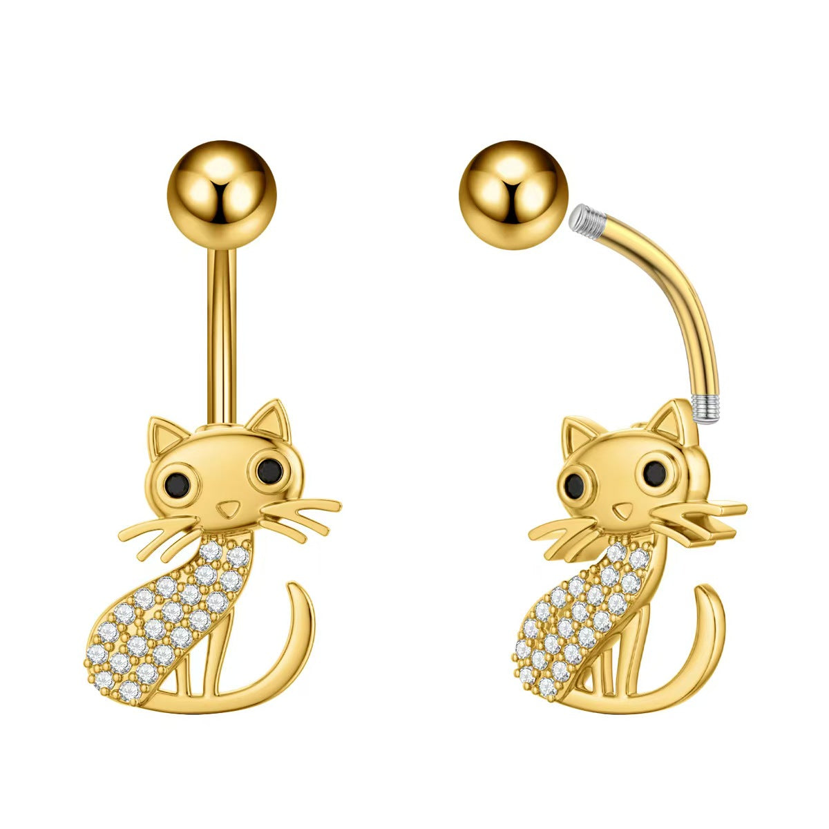 Golden feline belly bar jewelry showcasing the secure external threading design and crystal cat charm from multiple angles.
