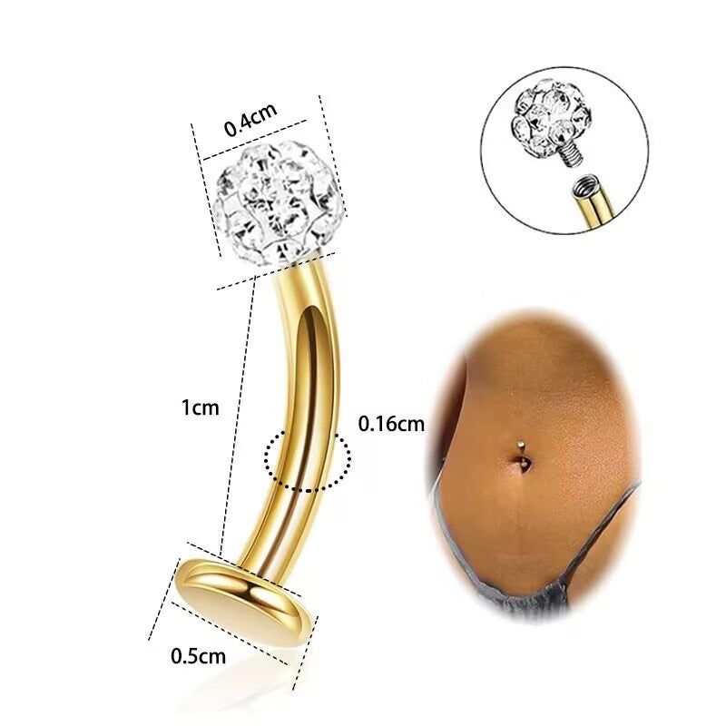 Dimension diagram of a 14G gold flat back belly button ring with an externally threaded post, a 4mm clear crystal top ball, and body model placement.