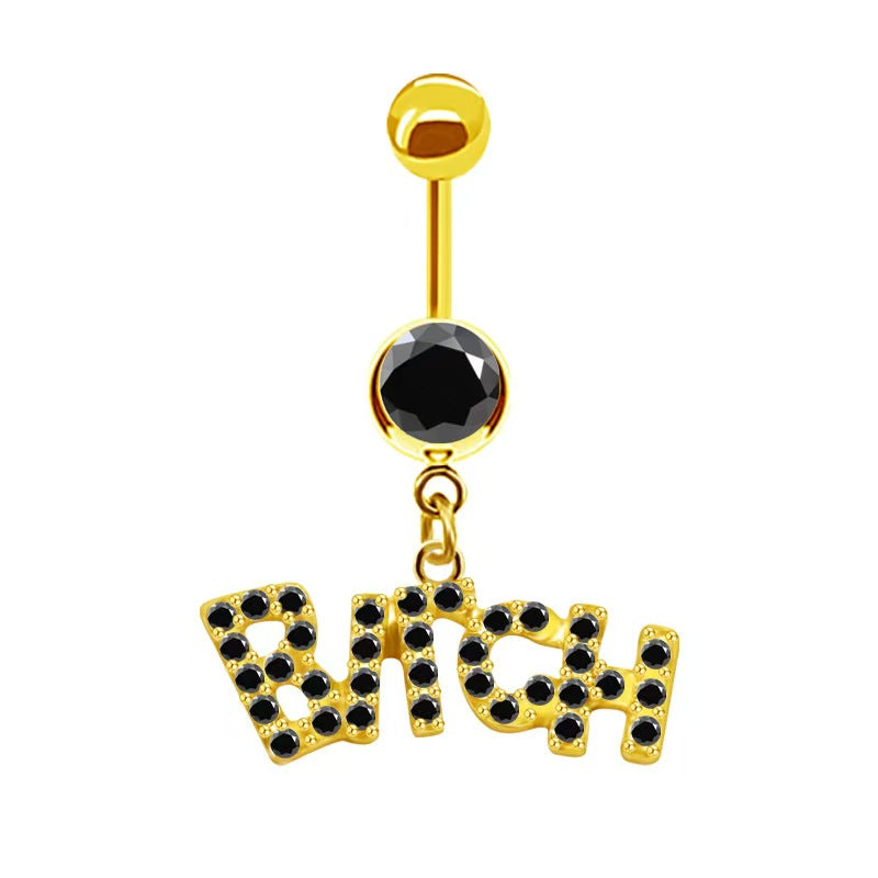 Gold gothic alternative navel piercing jewelry with a contrast black crystal center and a gold Bitch letter charm with black rhinestones.