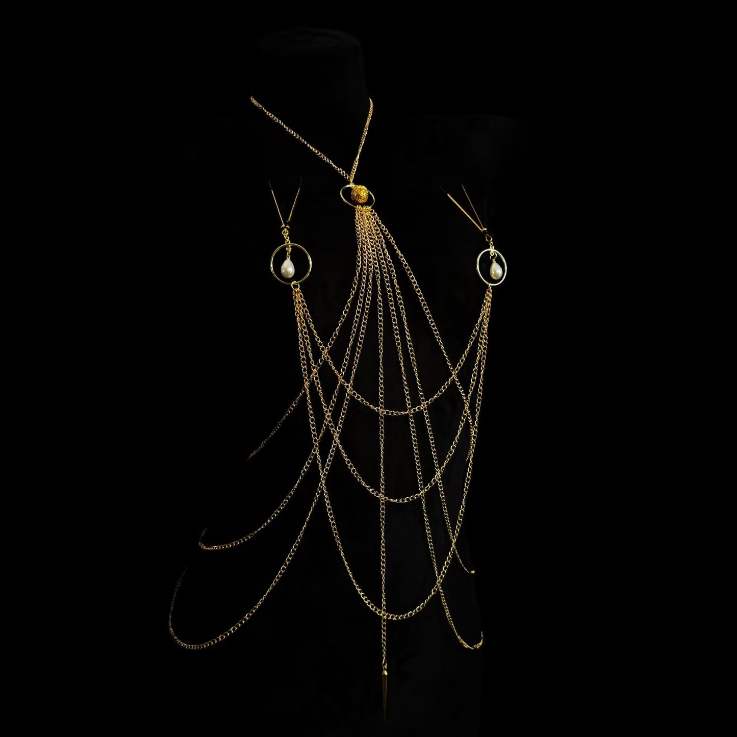 Elegant gold harness body chain with non-pierced nipple jewelry fittings and cascading layered design