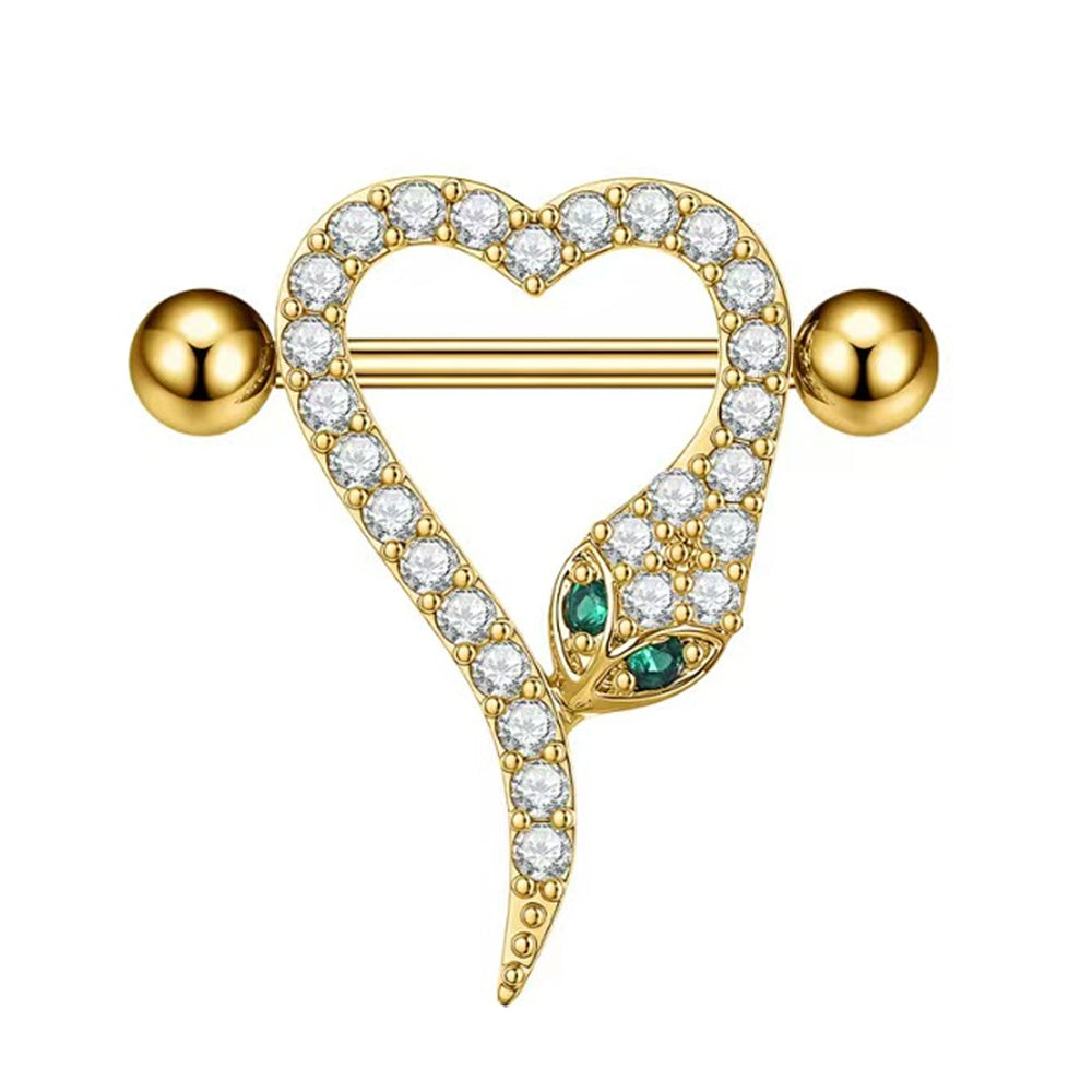Front view of a gold heart-shaped nipple shield with a crystal snake and green eyes.