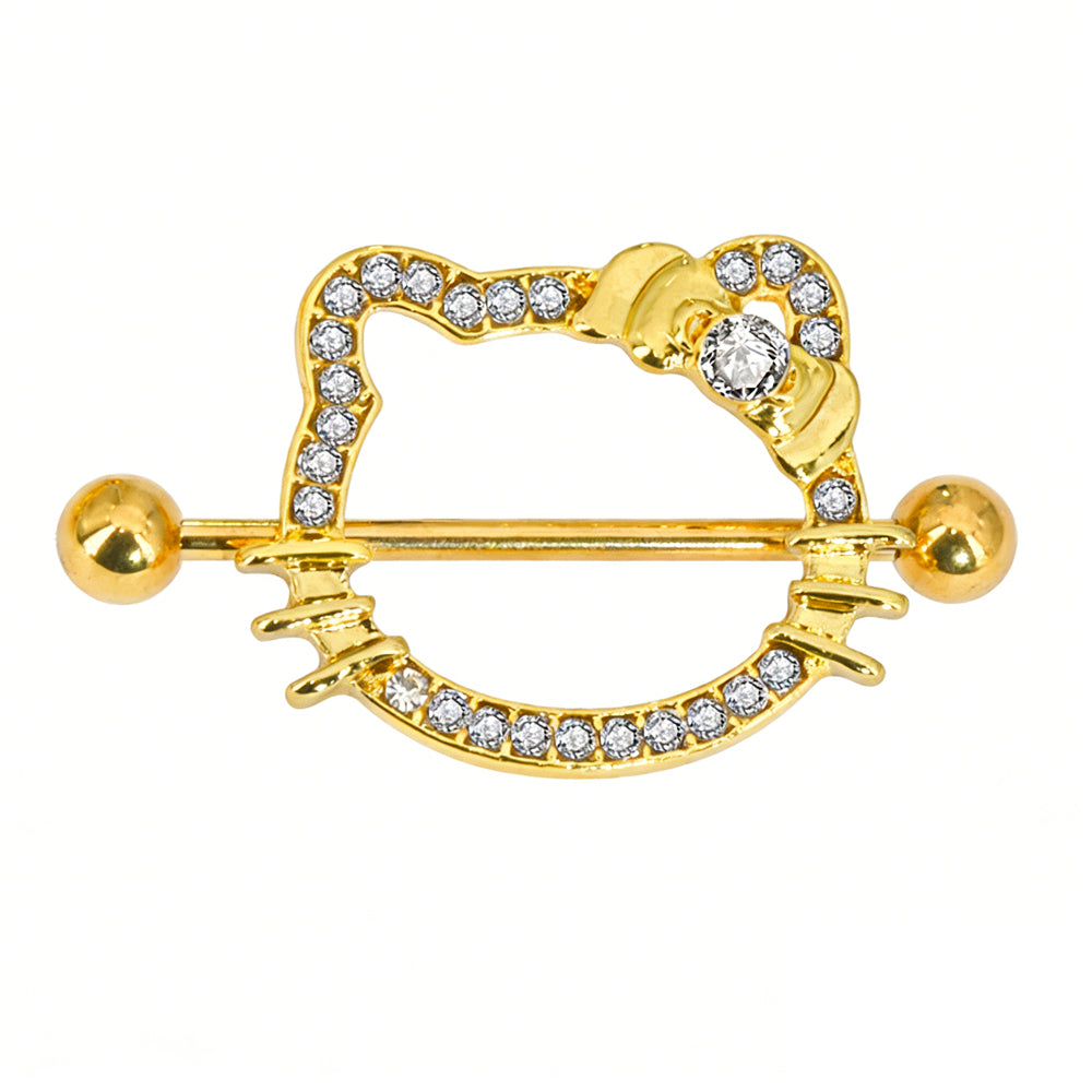 A gold-toned Hello Kitty head-shaped nipple shield jewelry with sparkling white crystals around the frame and a large crystal on the bow.