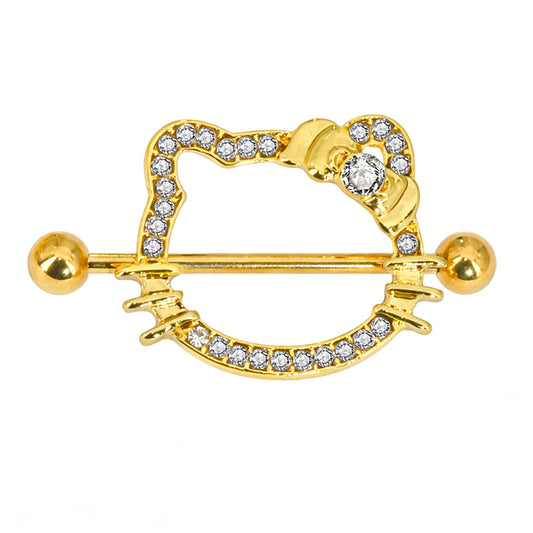 A gold-toned Hello Kitty head-shaped nipple shield jewelry with sparkling white crystals around the frame and a large crystal on the bow.