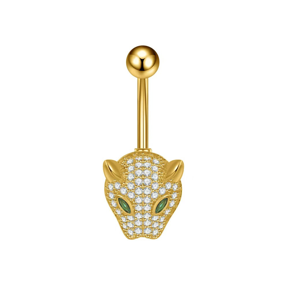 Gold plated leopard head navel ring with sparkly pave stones and emerald green eyes.