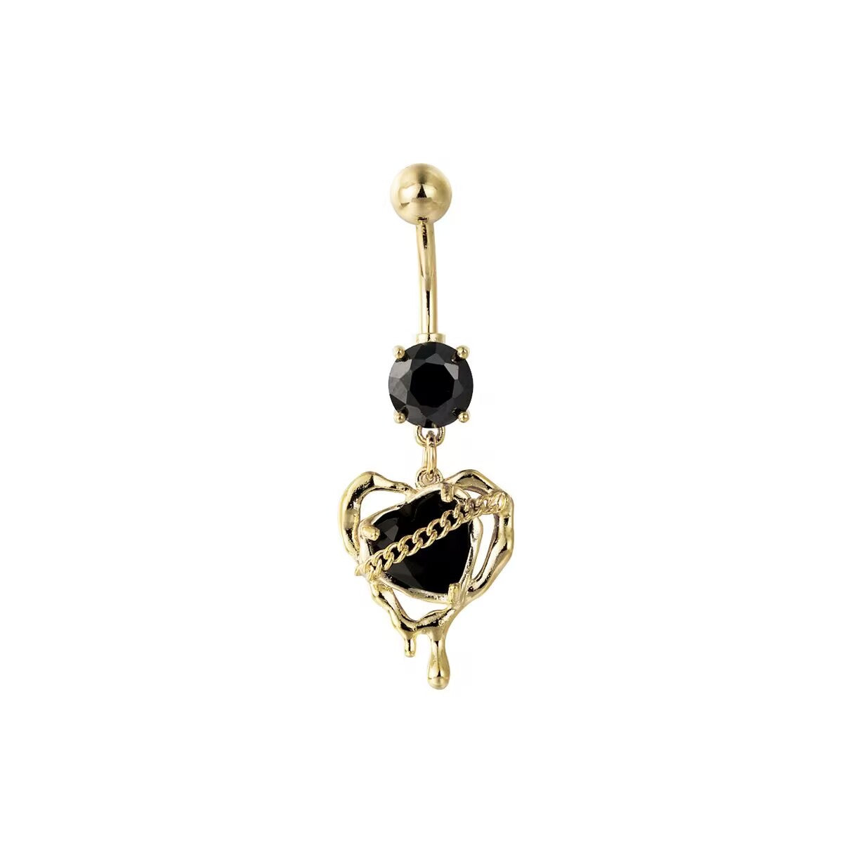 Front view of gold liquid lava black heart dangle belly button ring with cubic zirconia gem and chain detail