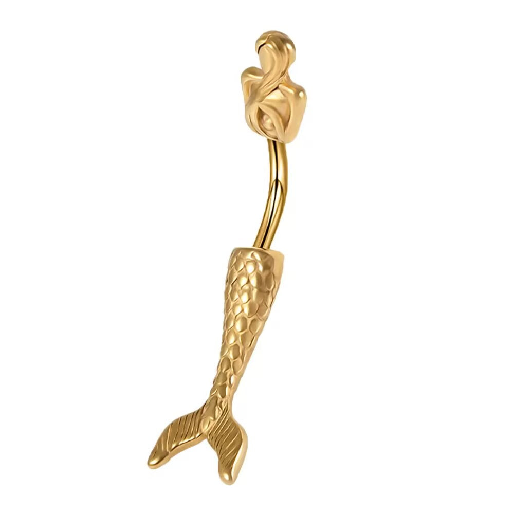 Gold mermaid navel barbell body jewelry with detailed fish scale tail and curved piercing bar.