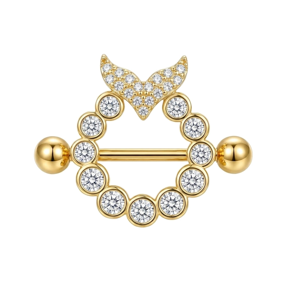 Front view of a 14K gold plated mermaid tail nipple shield piercing ring with a sparkling cubic zirconia halo and a straight titanium barbell.