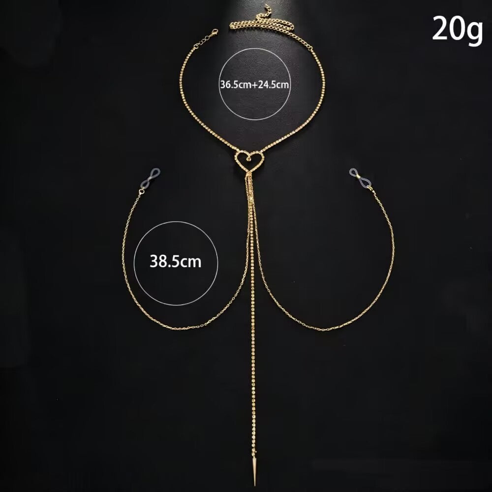 Gold 20g heart body chain jewelry layout showing dimensions of 36.5cm plus 24.5cm choker and 38.5cm side chains with clear adjustable non-pierced nipple loops on a black background.