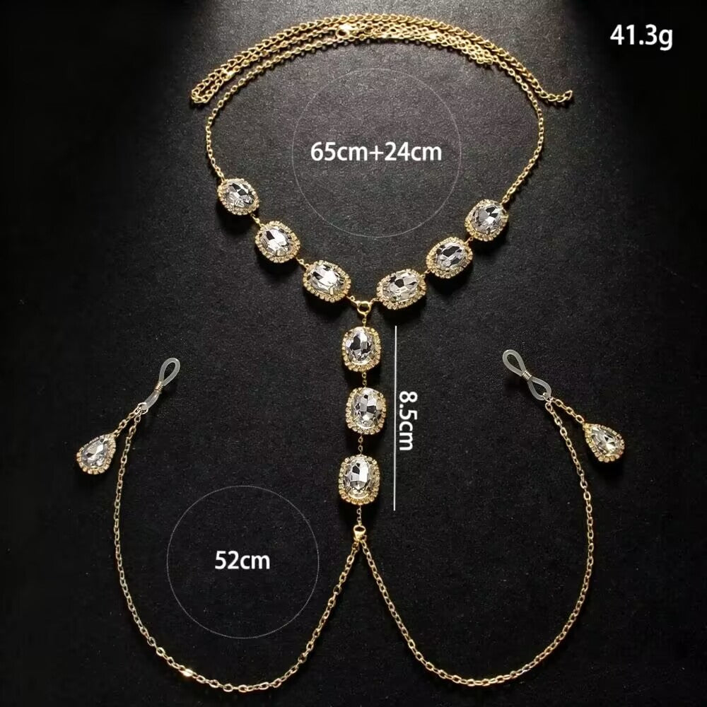 Flat lay of a gold non-piercing nipple chain body necklace with measurements showing 65cm plus 24cm necklace and 52cm chest chains.