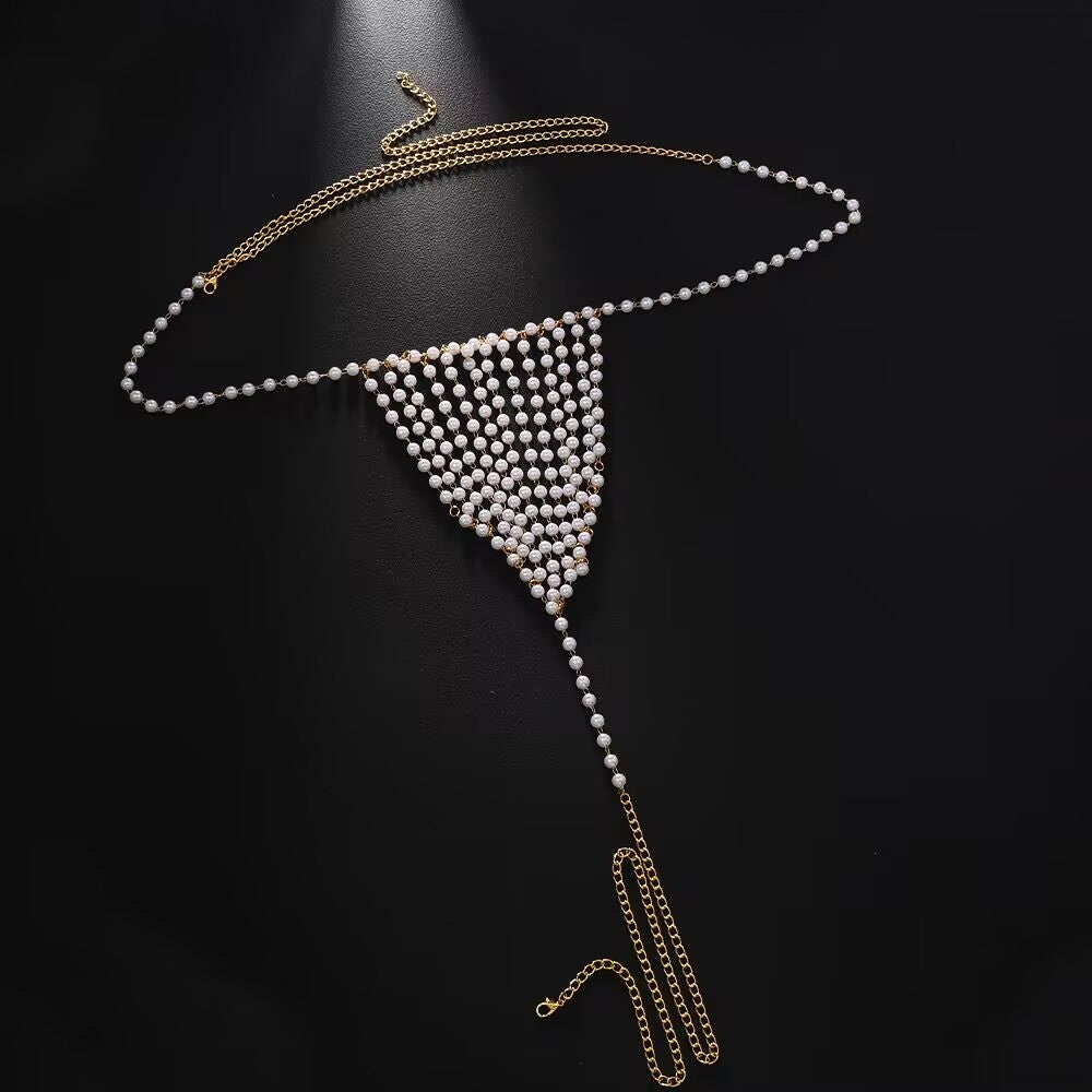 Gold tone pearl waist chain thong jewelry with lobster clasp and pearl mesh drop detail for women.