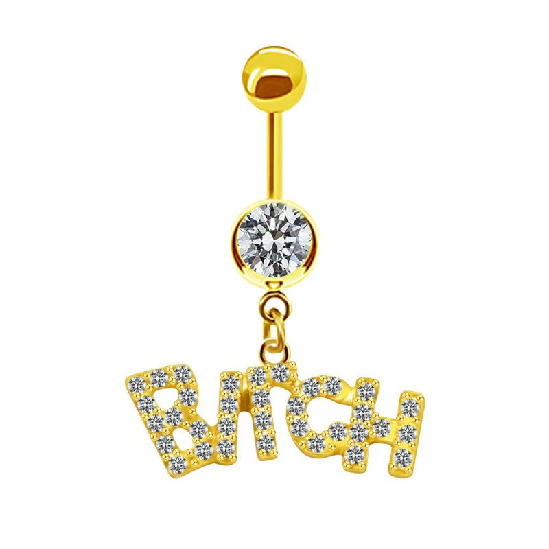 Radiant gold belly button piercing jewelry with a sparkling clear center crystal and a gold Bitch word charm filled with bright white rhinestones.