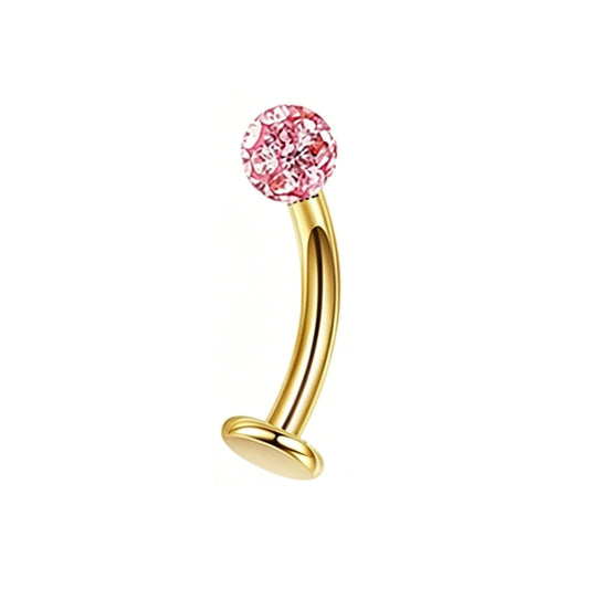 Gold plated 14G reverse belly button ring with a sparkling rose pink crystal pave disco ball top and flat bottom disc.