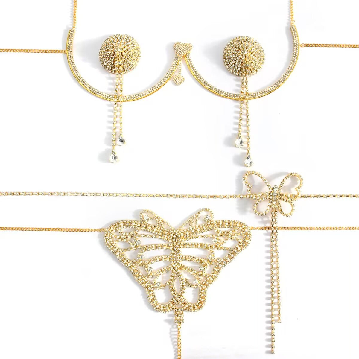 Premium gold rhinestone body jewelry 3-piece set neatly laid out on a pure white background.