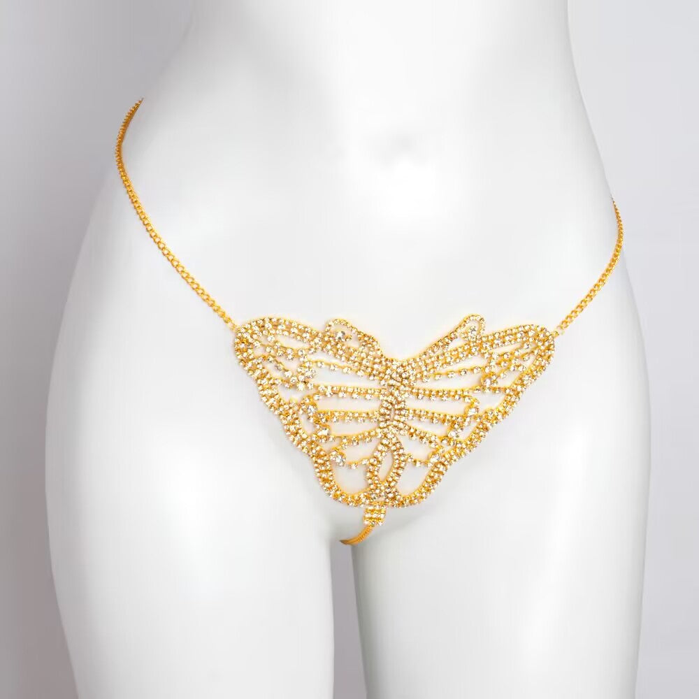 Gold rhinestone hollow butterfly panty body chain displayed on mannequin with white background.