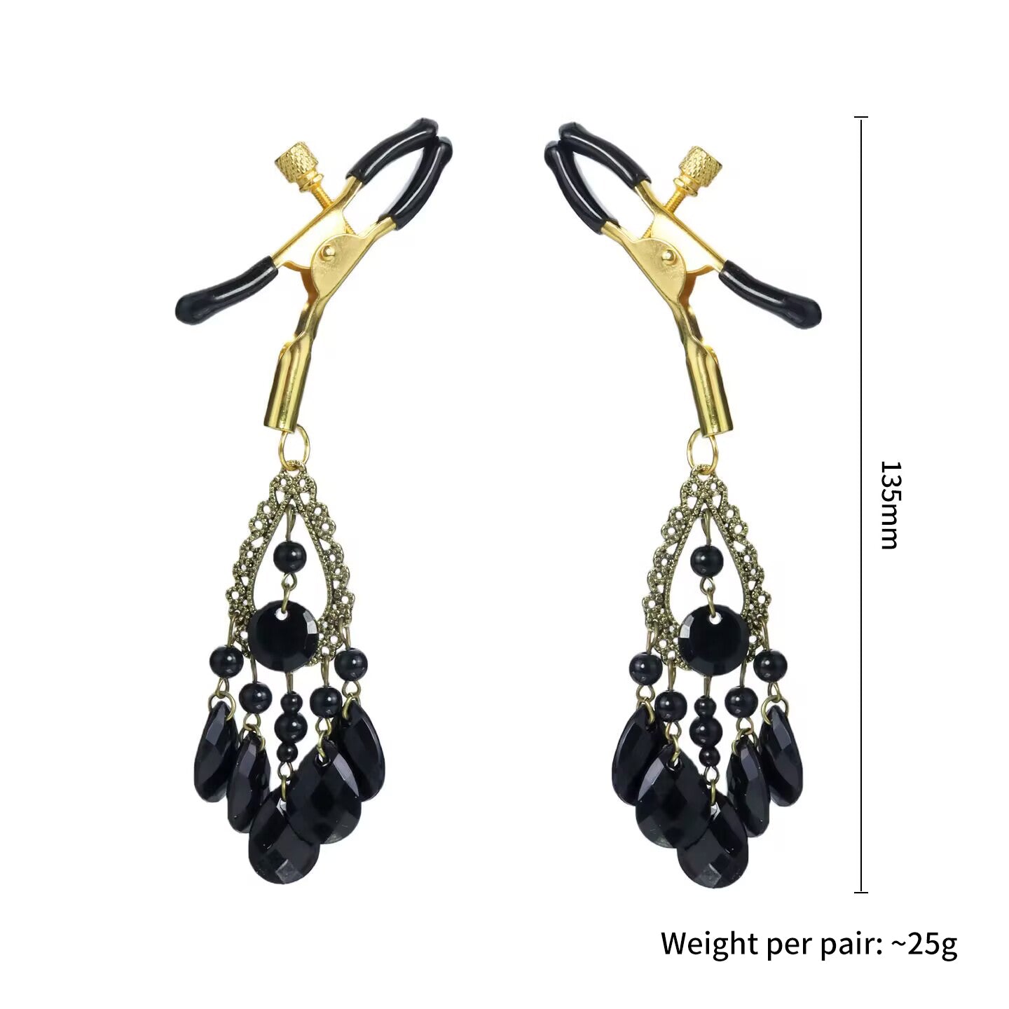 Gold screw-adjustable non-pierced nipple clamps with rubber tipped ends and black crystal dangles.