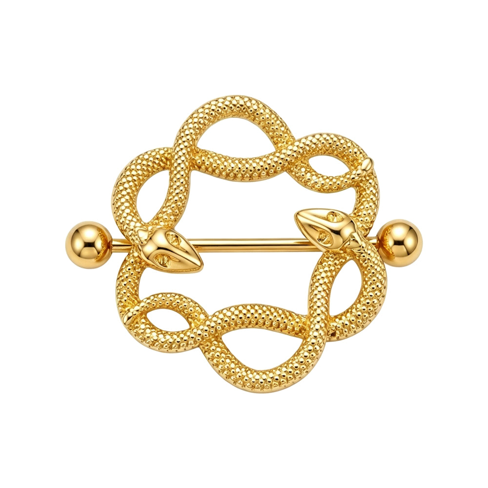 Single gold-plated serpent nipple shield piercing showing intricate scale texture.