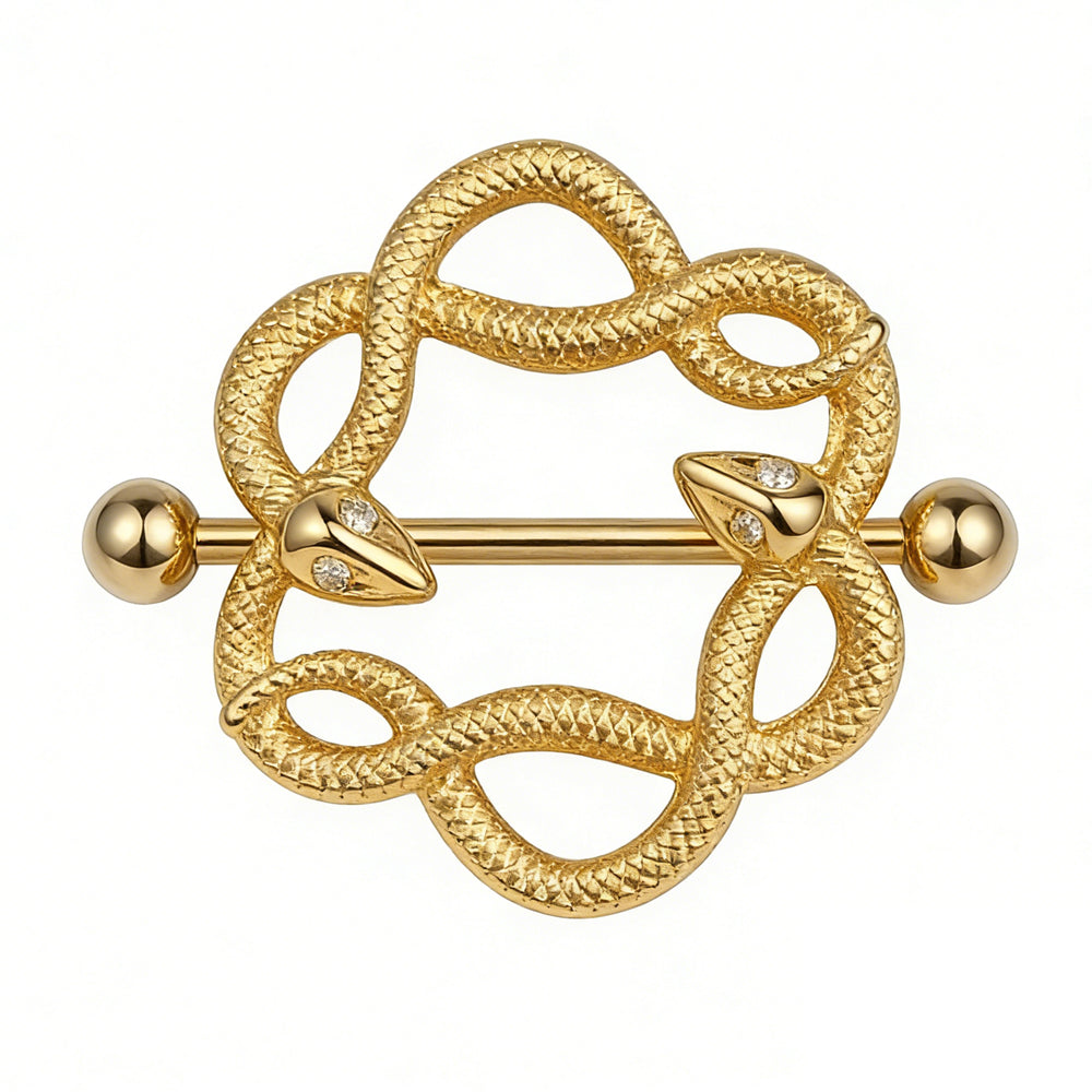 Single gold-plated serpent nipple shield piercing showing intricate scale texture.