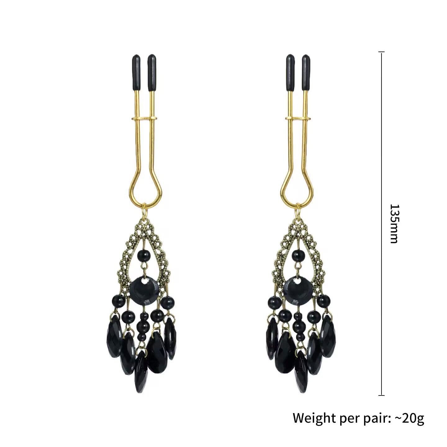 Gold slide clamp fake nipple rings featuring antique bronze lace pattern and black crystal beads.