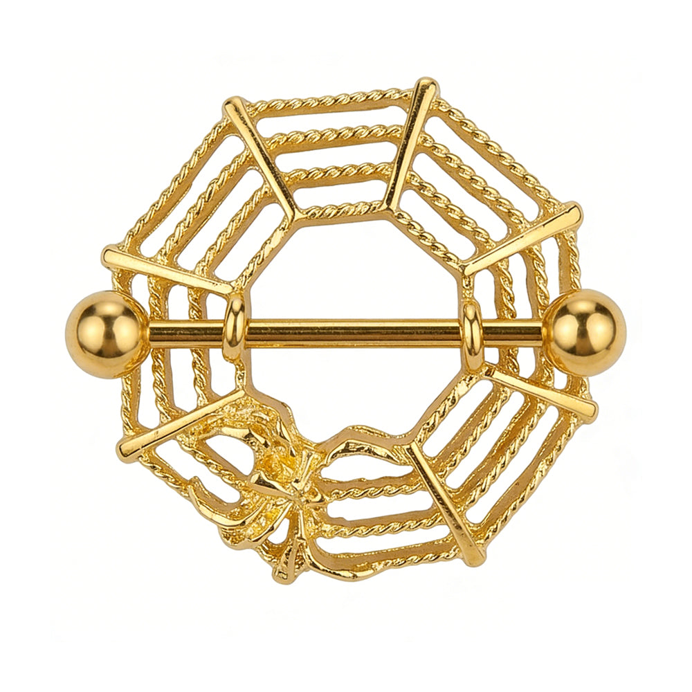 Front view of a single gold-colored octagonal spider web nipple shield with a small spider accent.