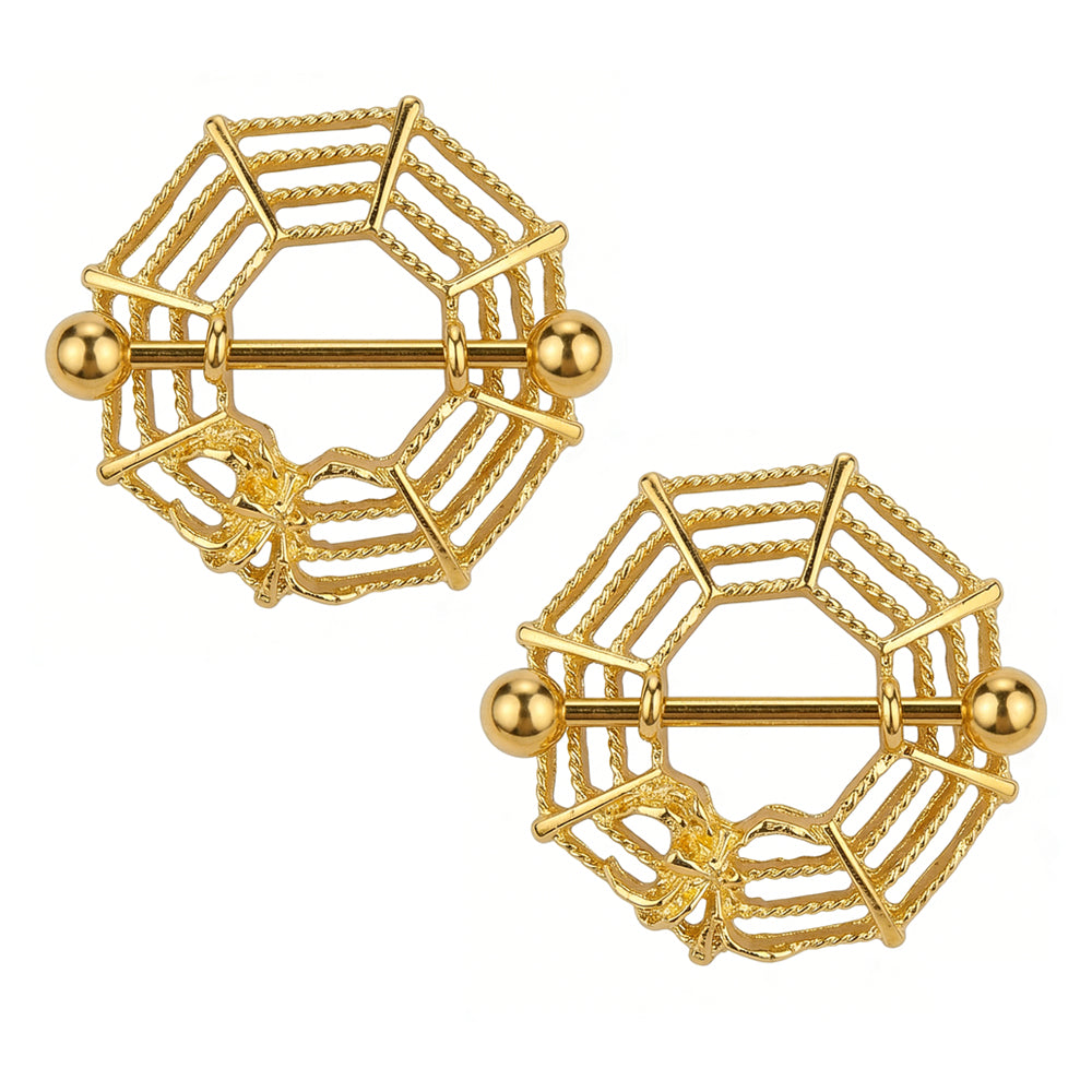 A pair of gold octagonal spider web nipple shield barbells on white background.