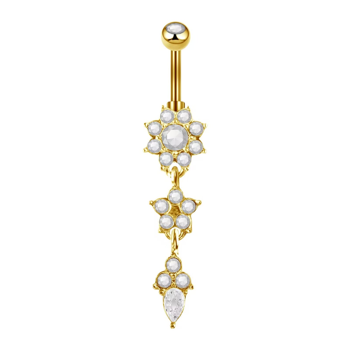Gold tone dangle navel ring with sparkling cubic zirconia star flower charms for summer body jewelry.