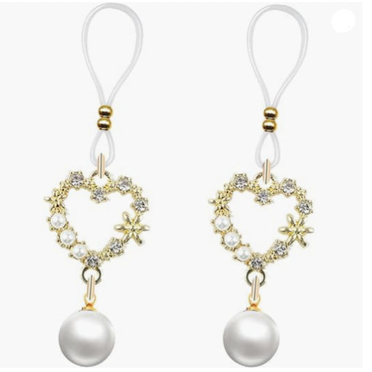 Matching pair of gold-tone open-heart nipple jewelry with loop attachments, floral accents and white pearl-look drops