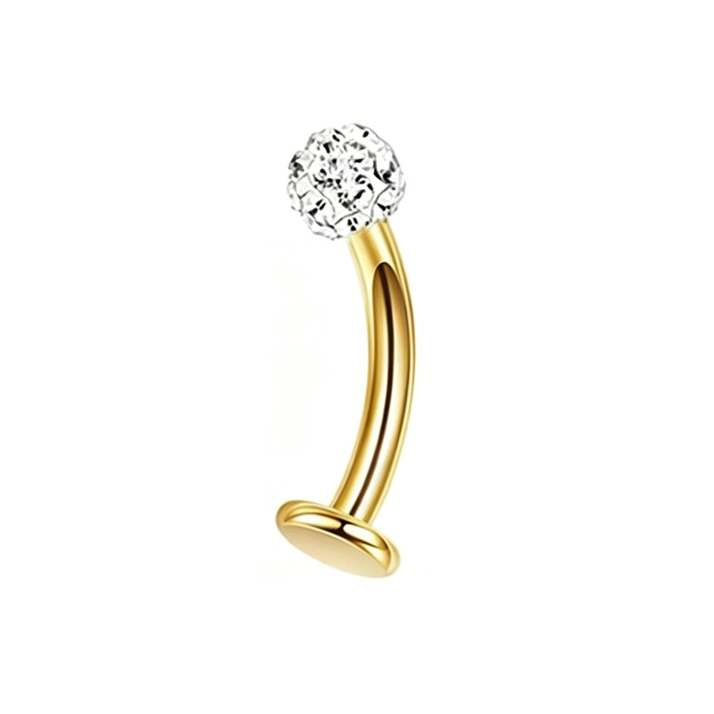 14G gold curved barbell flat back belly ring featuring a brilliant clear white crystal pave ball for reverse wearing.