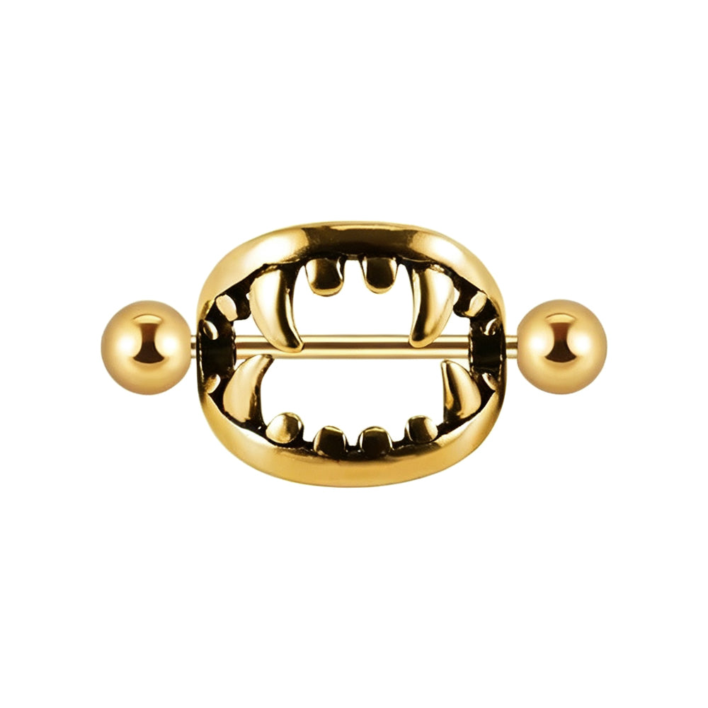 Gold vampire teeth nipple shield barbell pair featuring dark alternative monster fangs framework.