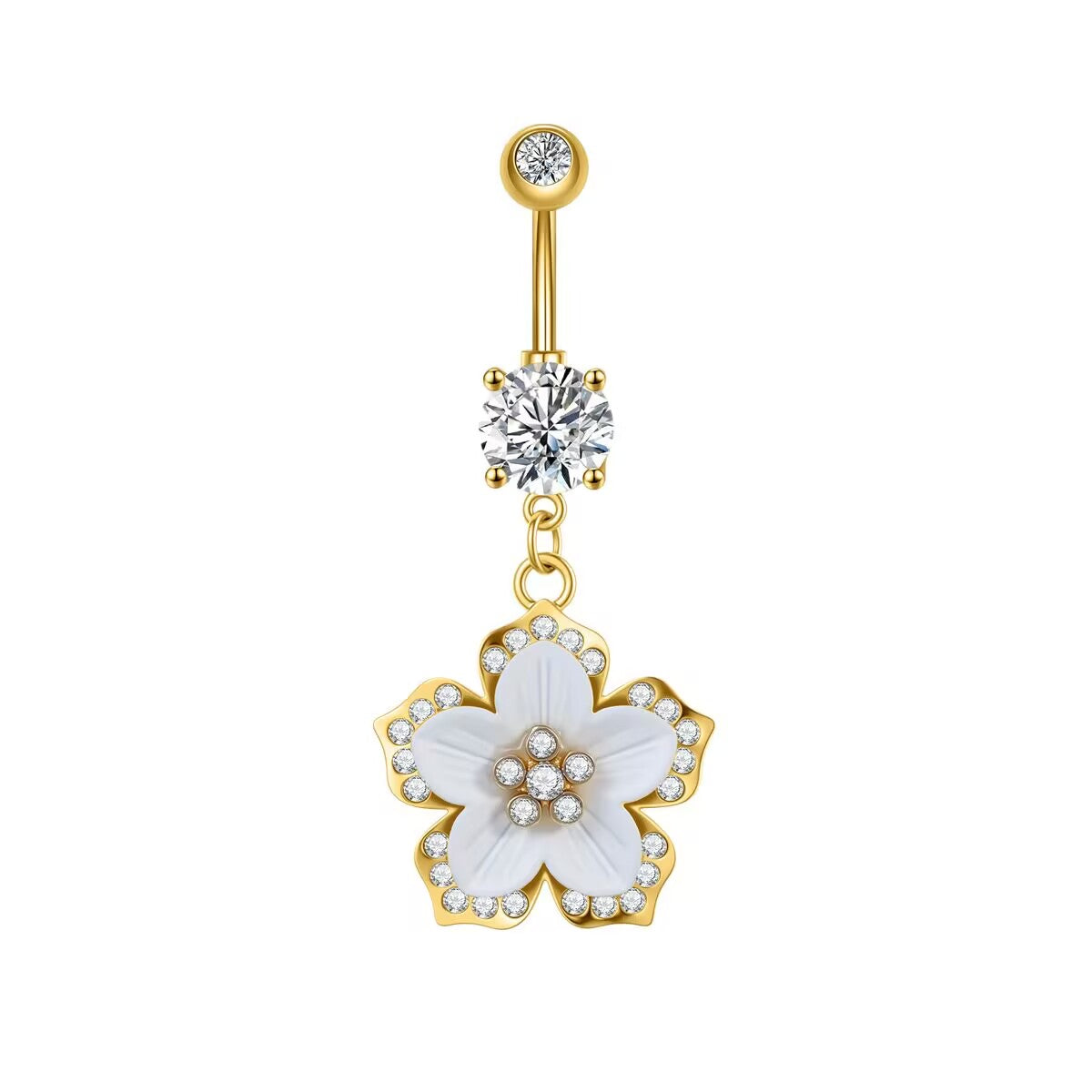 Front view of a gold-plated navel ring featuring a white flower dangle with crystal accents.